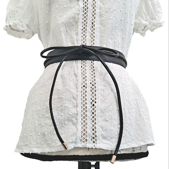 Skinny black boho faux leather waist Obi self tie vegan wrap statement belt - Picture 7 of 15